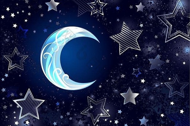 黑暗晚上背景蓝色的有图案的银月亮星星