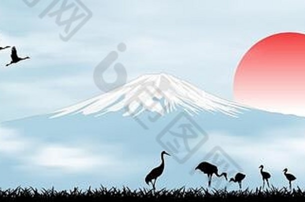 景观山富士不断上升的太阳蓝色的天空日本宝塔樱花分支门鸟