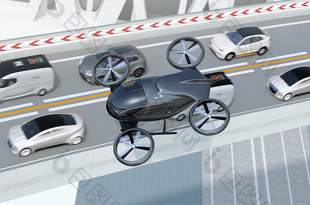 无人驾驶客机在严重交通堵塞的汽车上空飞行。无人机滑行的概念。三维渲染图像。