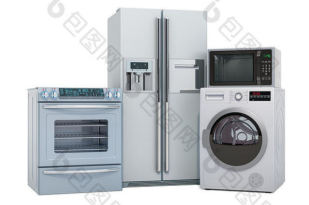 集银厨房电器洗机冰箱气体炉子微波烤箱呈现孤立的白色背景