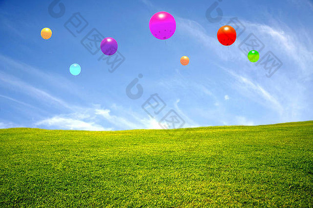 碧蓝的天空和五颜六色的气球点缀着绿色的草地