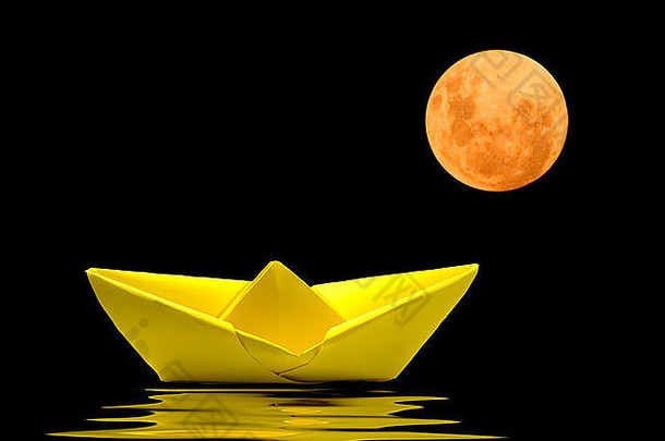 黄纸船在水面上，后面是模糊的月亮