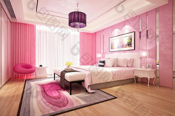 渲染现代粉红色的卧室