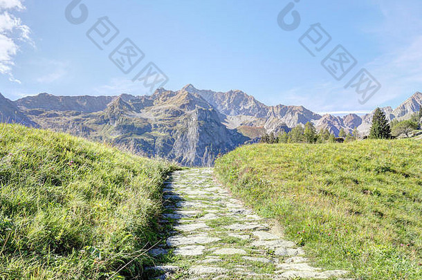 意大利阿尔卑斯山皮埃蒙特地区瓦尔多特罗的一条铺好的小路，有多云的天空、高山、冷杉和松树森林以及绿色牧场