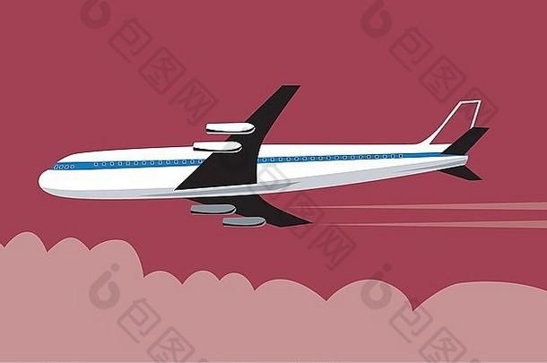 背景为云层的商用喷气式客机插图。
