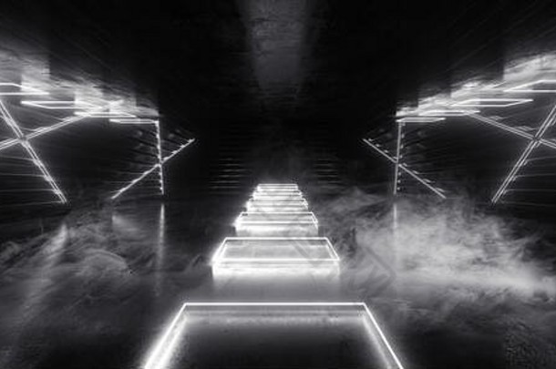 sci未来主义的金属反光示意图变形主板地板上现实的现代霓虹灯发光的激光三角形弧梁白色电形状