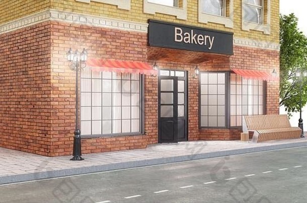 面包店商店美味的糕点外建筑路视图街板凳上垃圾本街灯