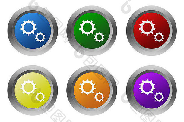 集圆形的按钮齿轮象征蓝色的绿色黄色的橙色紫色的红色的颜色