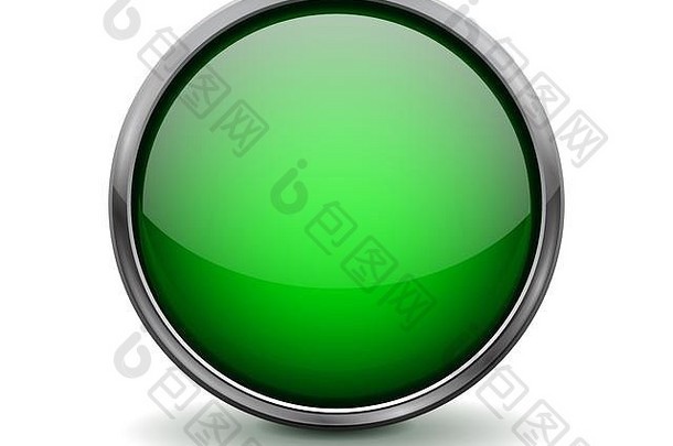 绿色<strong>玻璃按钮</strong>。金属框架的闪亮3d图标