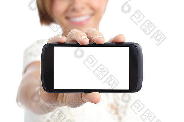 特写镜头女孩手显示水平空白智能手机屏幕孤立的白色背景