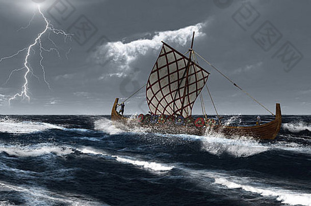 大西洋或北海风暴中的海盗长船