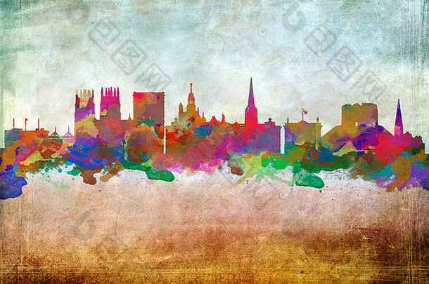 英国约克天际线的水彩画艺术版画