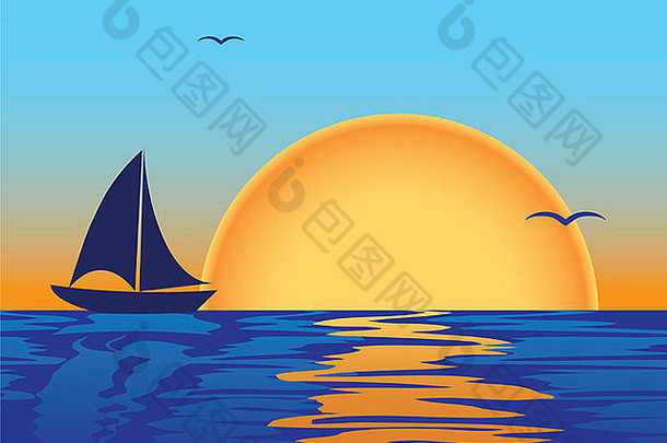 船和海鸥剪影的海上日落