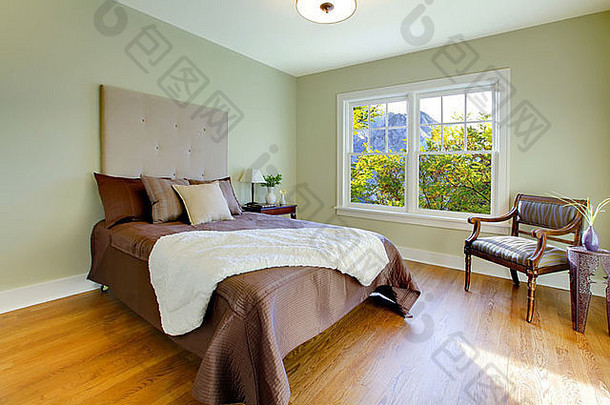 新鲜的绿色卧室现代棕色（的）床上
