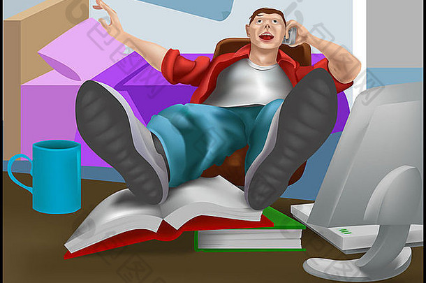 一个年轻人或青少年靠在椅子上打电话，面前放着书和电脑。