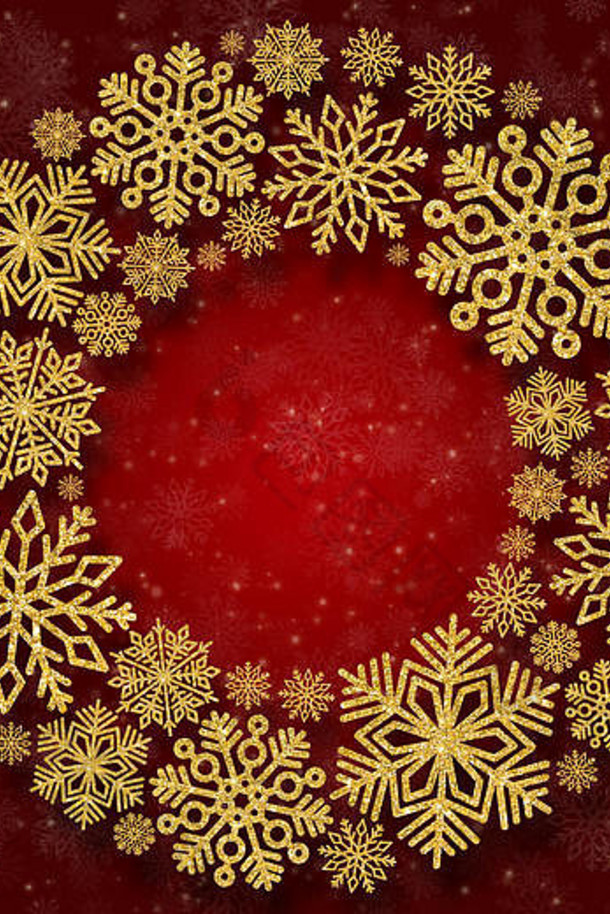 红色背景上有金色雪花的圣诞圆形框架。亮片五彩纸屑的边缘