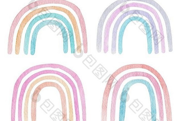手绘水彩画彩虹：时尚斯堪的纳维亚风格的彩色蜡笔插图。托儿所艺术。