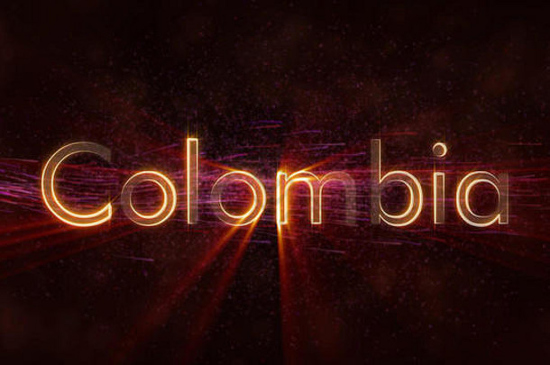 哥伦比亚国家名称文字动画-闪烁的光线在文字边缘循环，背景上有旋转和流动的星星