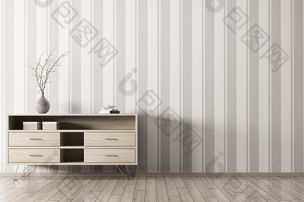 客厅的现代室内，木质抽屉，条纹墙纸墙面，3d渲染