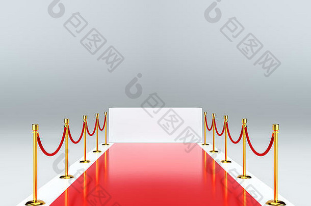 有障碍物的红地毯。白色空底座