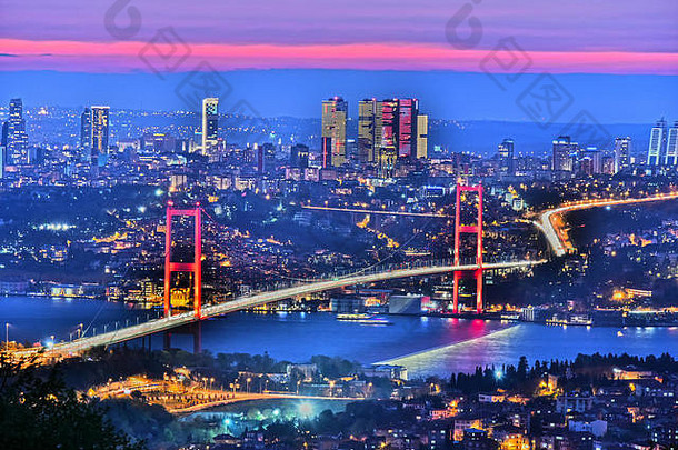 伊斯坦布尔全景，博斯普鲁斯海峡上有博斯普鲁斯海峡大桥。
