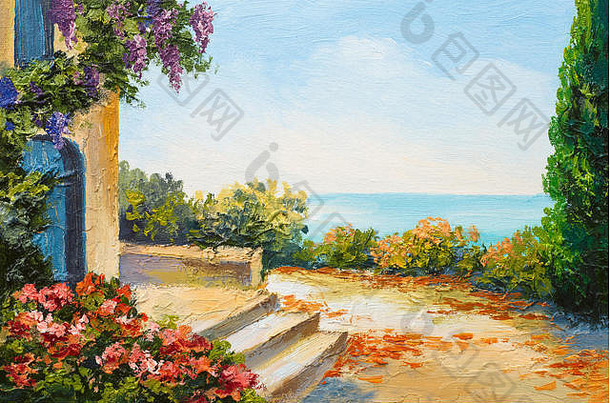 石油绘画房子海色彩斑斓的花夏天海景