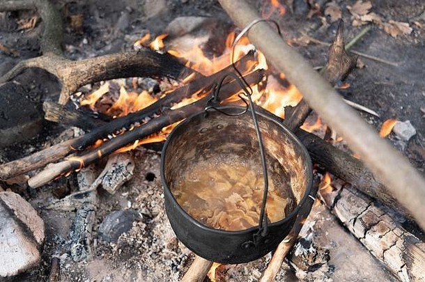 在森林里用火做饭。在大自然的篝火上煮粥。
