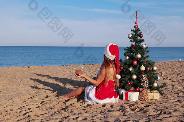 2018新年圣诞树海滩度假酒店海女孩