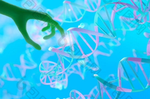 用手触摸DNA串。基因工程，医学科学和研究。三维渲染