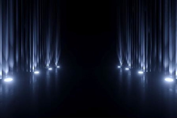 科幻未来主义霓虹灯Led发光蓝色激光荧光复古现代外星人飞船走廊隧道金属水泥混凝土深色背景3D渲染