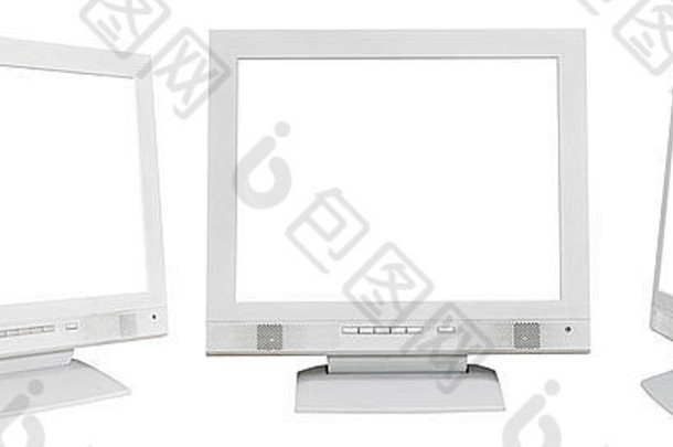 一组灰色计算机显示器，带有白色背景上隔离的剪切屏幕