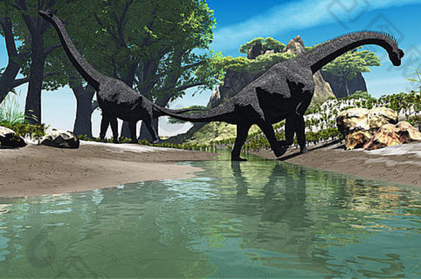 两只巨大的腕龙恐龙在溪边寻找食物。
