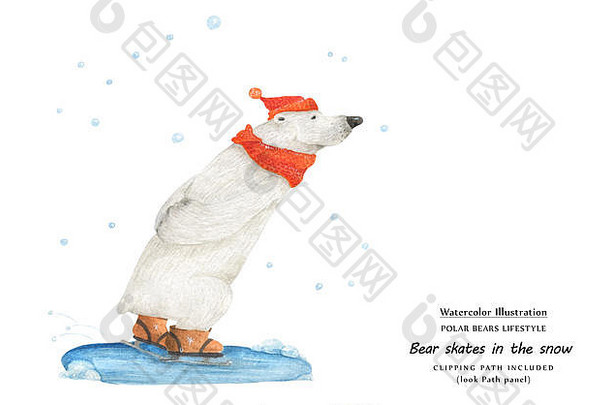 可爱的水彩插图熊在雪中溜冰，天空中的小熊雪。包括独立的剪辑路径