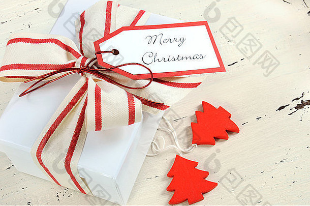 节日圣诞节假期背景红色的白色主题白色礼物盒子自然帆布条纹丝带