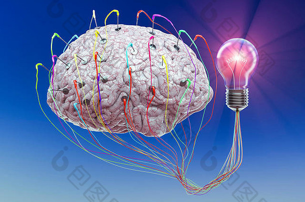 人脑被连接到一个灯泡上，用来显示想法的概念