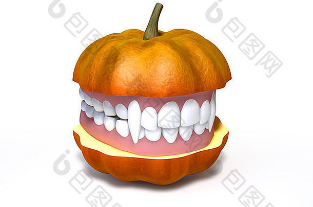 幽默的万圣节概念南瓜分裂吸血鬼假牙齿夹在半孤立的