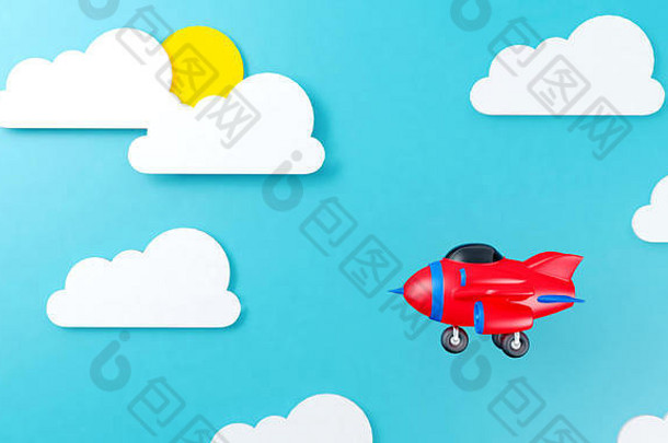 玩具飞机飞越云天背景平面设计，3D渲染