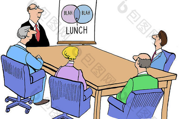 彩色商业插图，描绘的是一次会议开得太久，准备休息吃午饭。