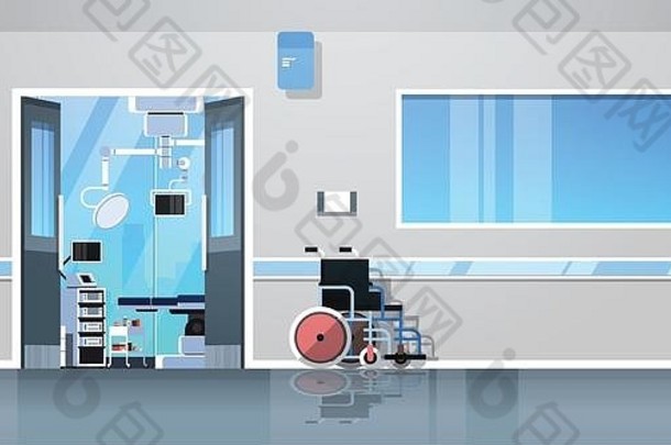 医院走廊带轮椅开门手术室手术台现代设备空无一人诊所内部平面水平