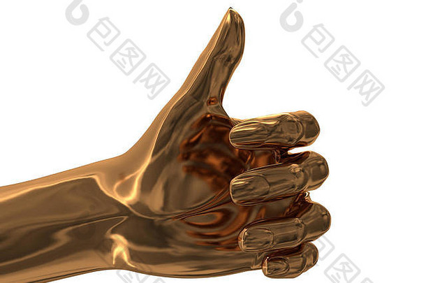 具有拇指向上手势的金色手的抽象3d插图