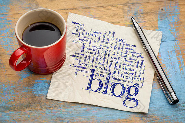 与博客和博客设计相关的单词或标签云——用一杯咖啡在餐巾纸上书写