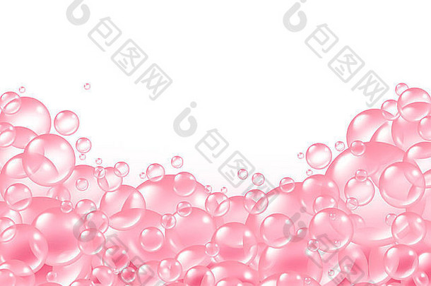 粉红色泡沫框架和透明浴皂泡沫组成与空白区域在中间的文本与泡沫肥皂肥皂泡在许多圆形大小的空气漂浮作为清洗和新鲜的清洁符号。