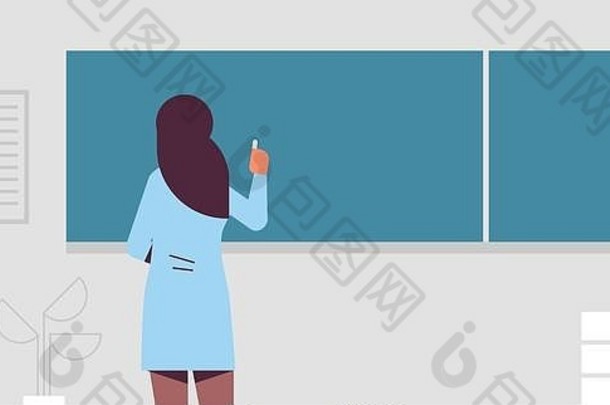 阿拉伯女学校老师站前面绿色粉笔董事会后视图女人传统的衣服写作黑板教育概念