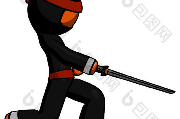 橙色忍者战士，手持忍者剑，切割或击打某物。