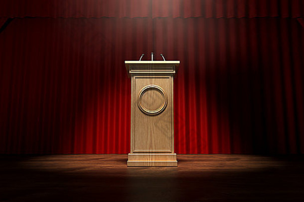 常规的剧院阶段关闭红色的窗帘木辩论讲台上基斯单关注的焦点