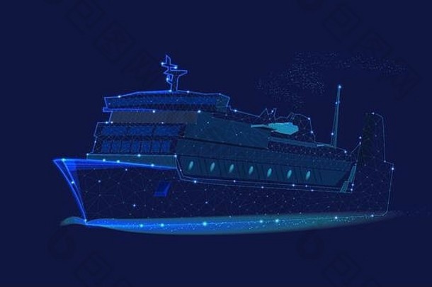 远洋班轮。由多边形和点组成的船的插图。商务旅行、旅游、物流、航运的概念。博蒂的背景