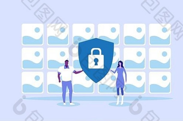 夫妇电脑应用程序隐私数据保护访问个人专辑画廊安全概念混合比赛用户大锁盾