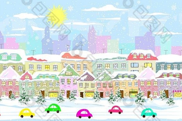 冬天城市景观无缝的城市街冬天房子覆盖雪雪城市街白雪覆盖的城市