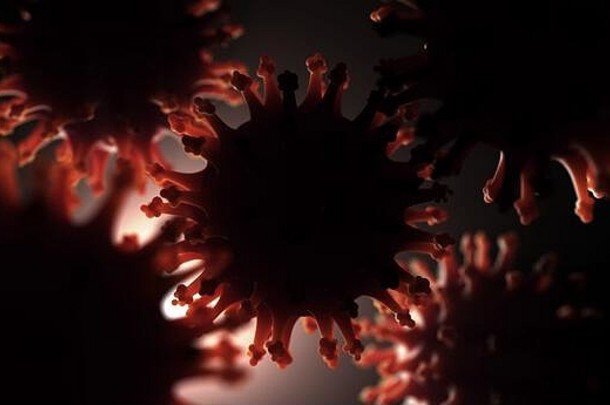 带有发光<strong>红边</strong>的背光空气冠状病毒粒子的显微镜特写图-3D渲染