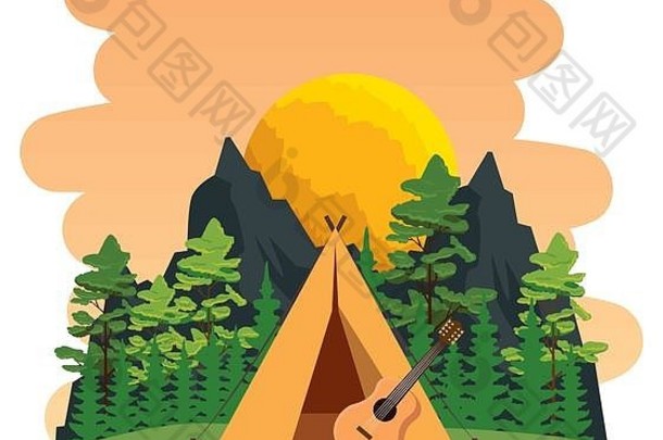 带露营帐篷和吉他场景的露营区
